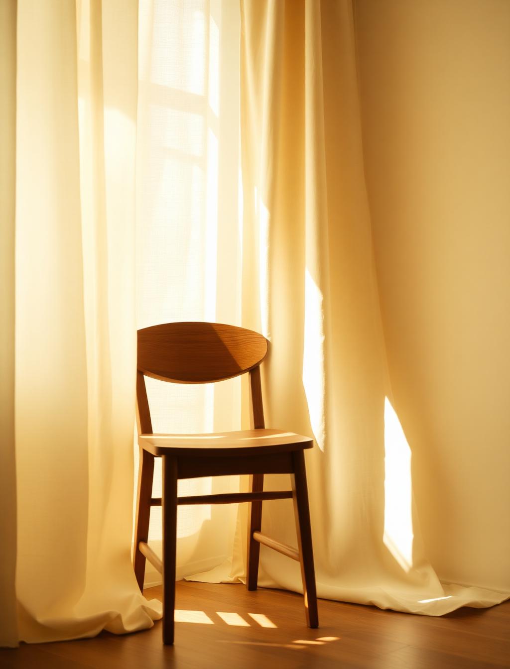 A wooden chair beside a sunlit linen curtain